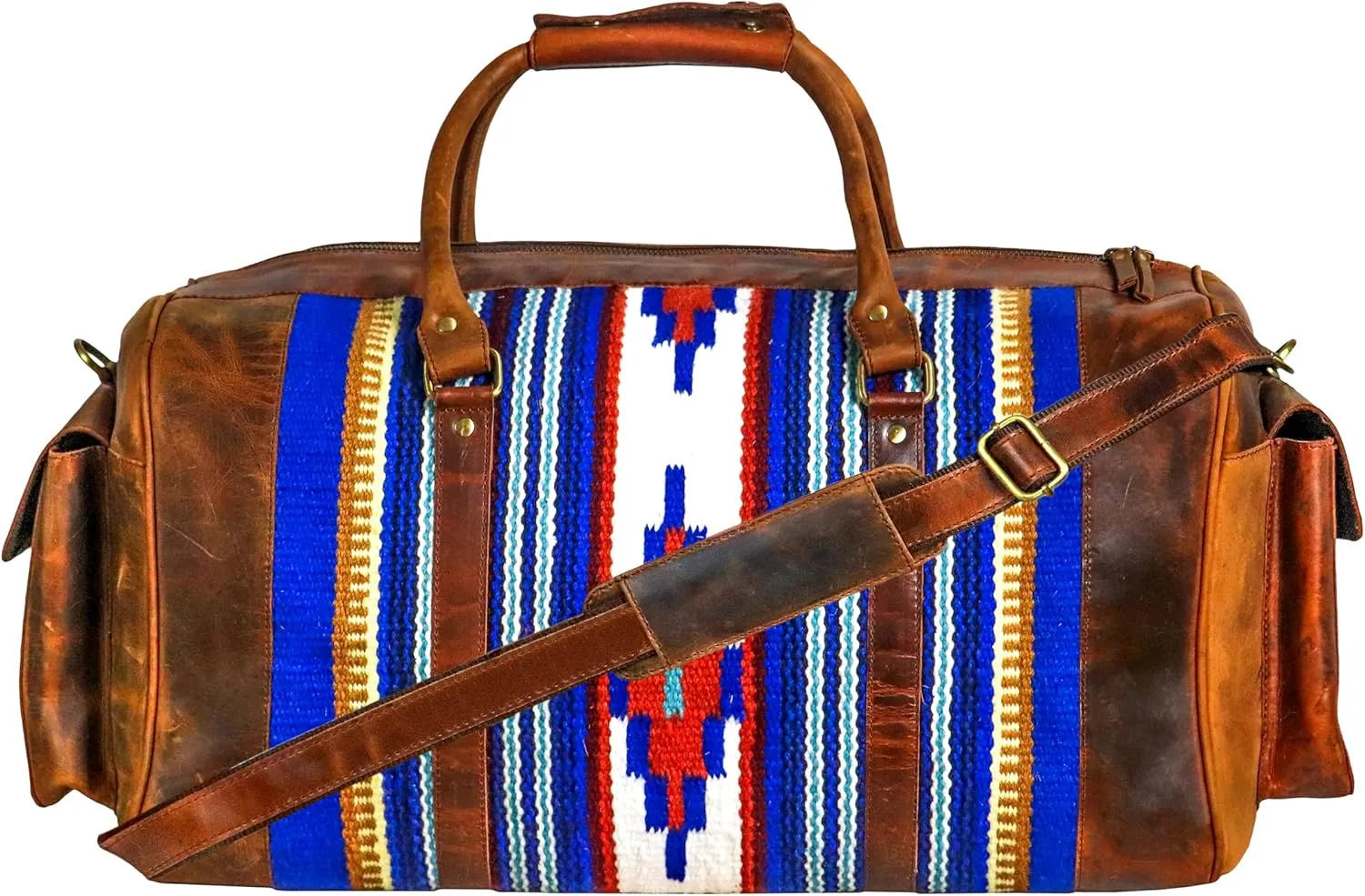 Handmade Premium Duffle Bag leather heavy duty Gym Sports Airplane Overnight Luggage Carry On Unisex Travel woven Rug Bag Wollen Bag Gift for His/Her (RUG DUFFLE BAG DESIGN_06)