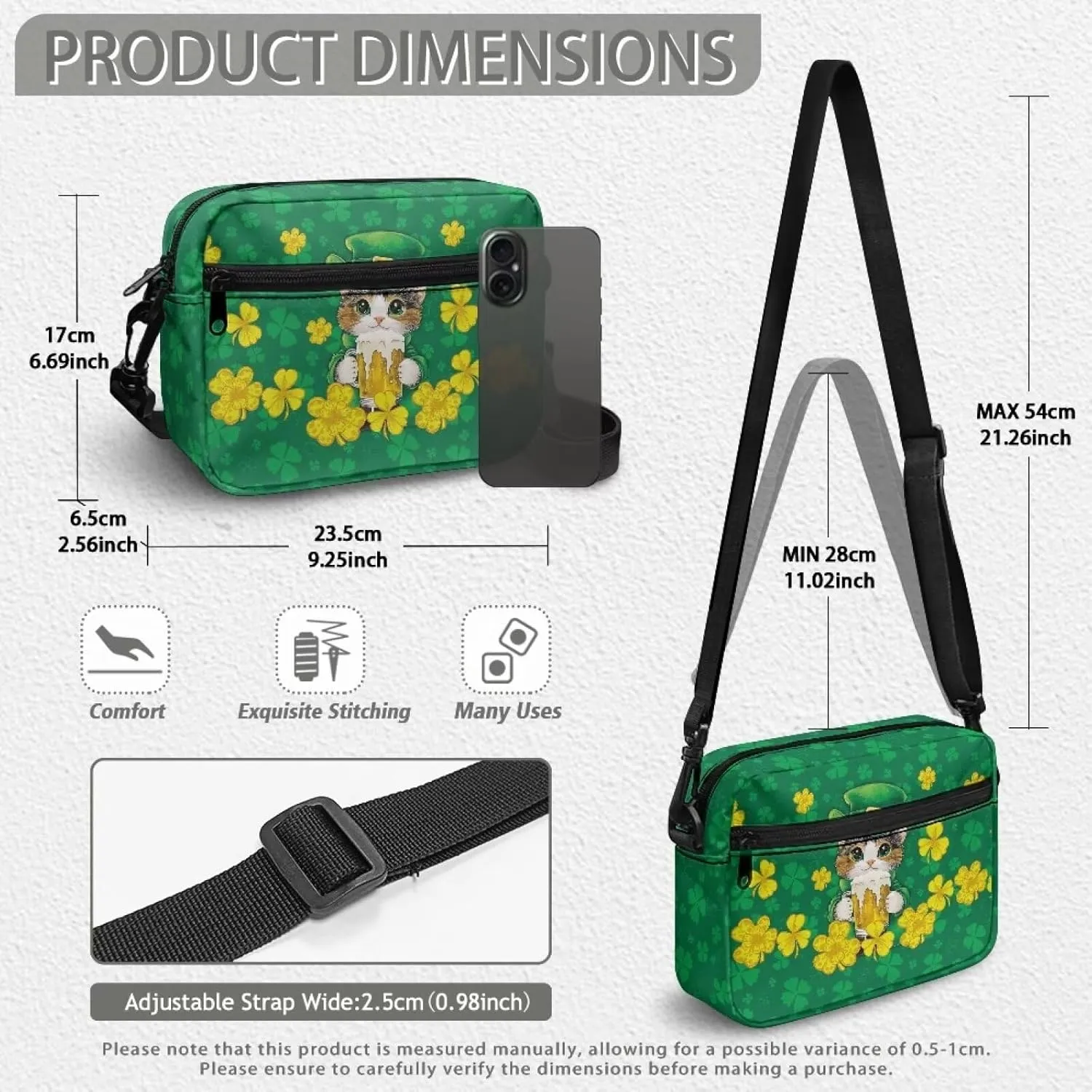HUGS IDEA Women's Cross-Body Zipper Shoulder Bag St Patricks Day Shamrock Cell Phone Purse Handbag