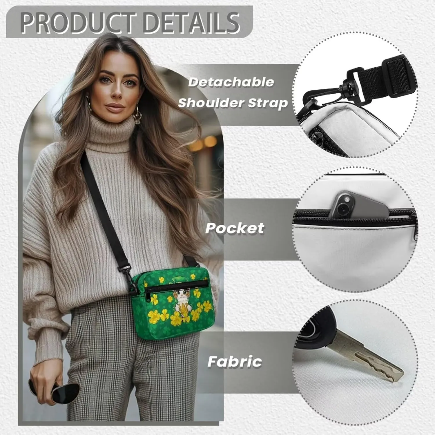 HUGS IDEA Women's Cross-Body Zipper Shoulder Bag St Patricks Day Shamrock Cell Phone Purse Handbag
