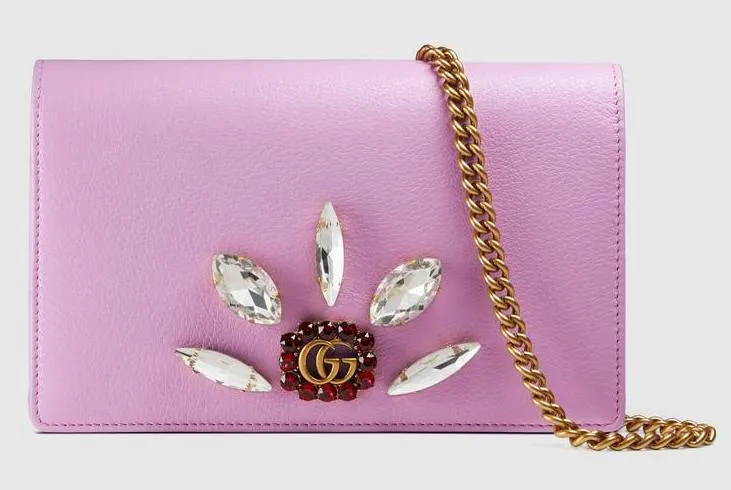 Leather Mini Chain Bag with Double G and Crystals