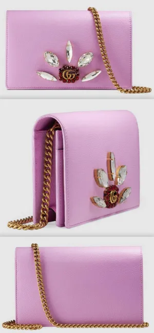 Leather Mini Chain Bag with Double G and Crystals