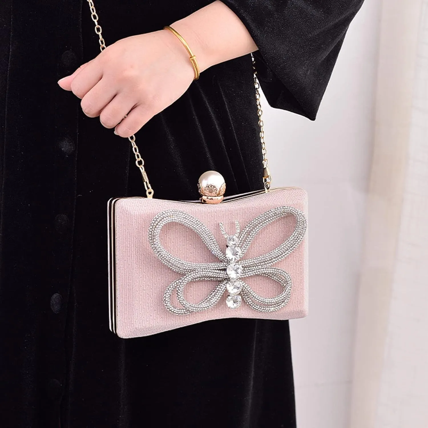 LUOZZY Butterfly Clutch Rhinestone Purse Sparkly Evening Bag with Pearl Clasp Clutch Purse for Women Formal Event Prom Party