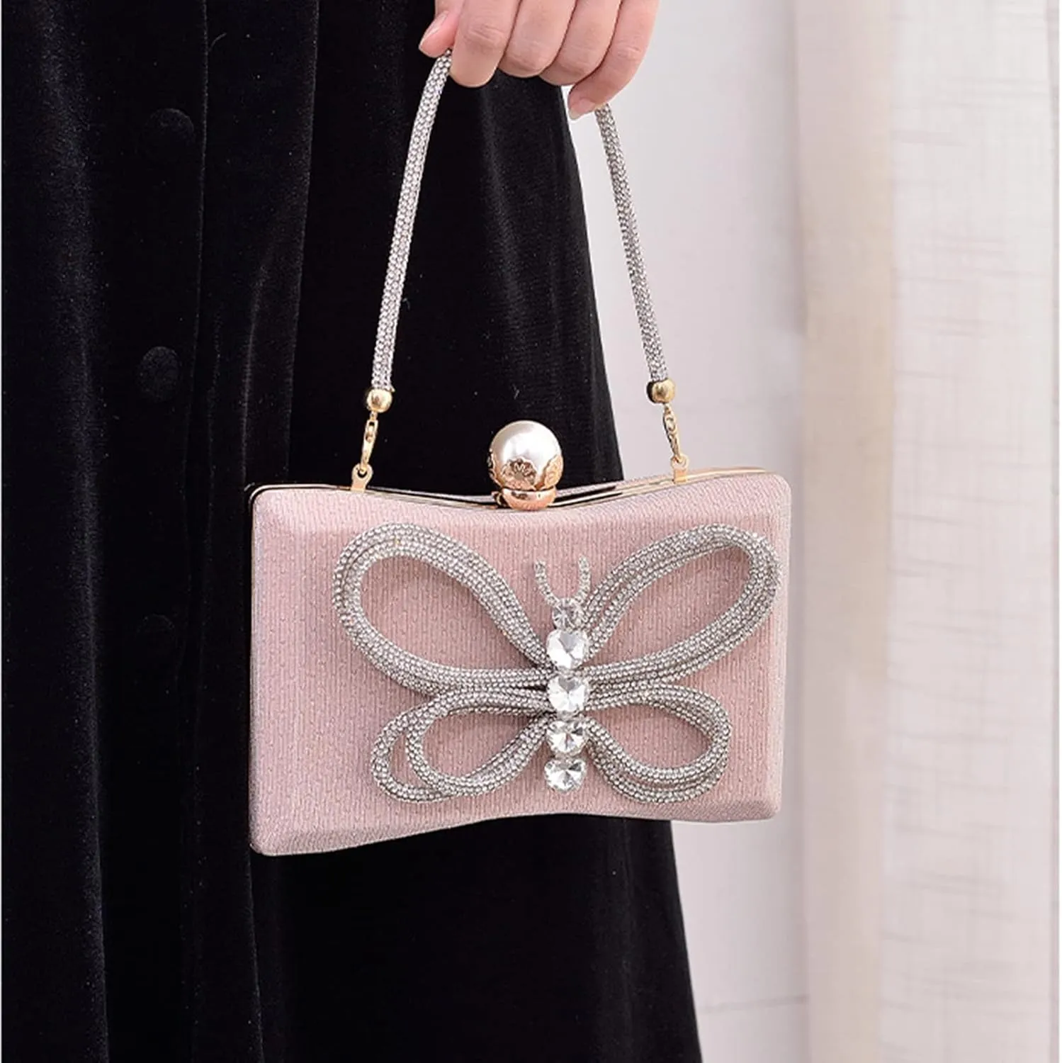 LUOZZY Butterfly Clutch Rhinestone Purse Sparkly Evening Bag with Pearl Clasp Clutch Purse for Women Formal Event Prom Party