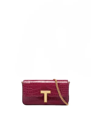 Mini Wallis Stamped Crocodile Leather Shoulder Bag in Raspberry