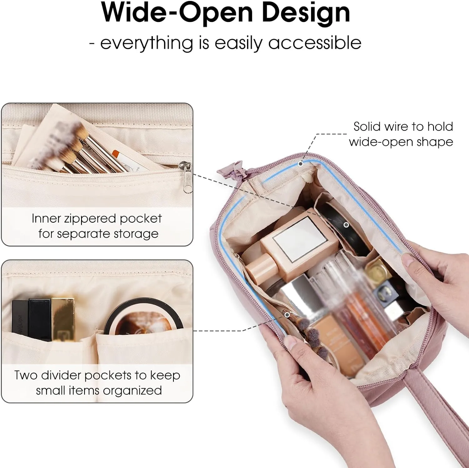 Narwey Large Makeup Bag Women Wide-open Make up Bag Travel Cosmetic Bag Organizer Toiletry Bag for Cosmetics Toiletries Accessories (Dusty Rose)