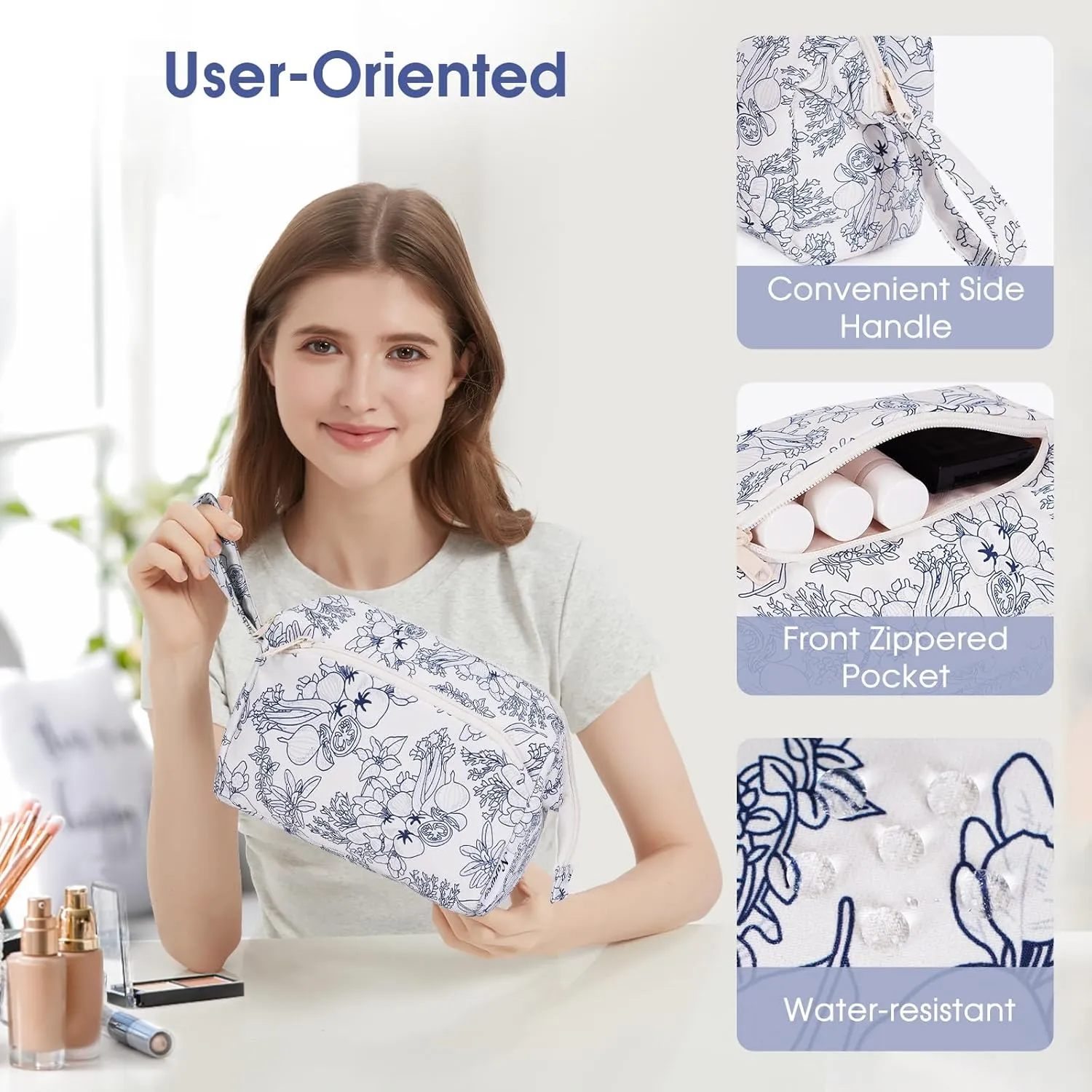 Narwey Women Makeup Bag Wide-open Make up Bag Travel Cosmetic Organizer Toiletry Bag for Cosmetics Toiletries Accessories (Navy Blue Flower)