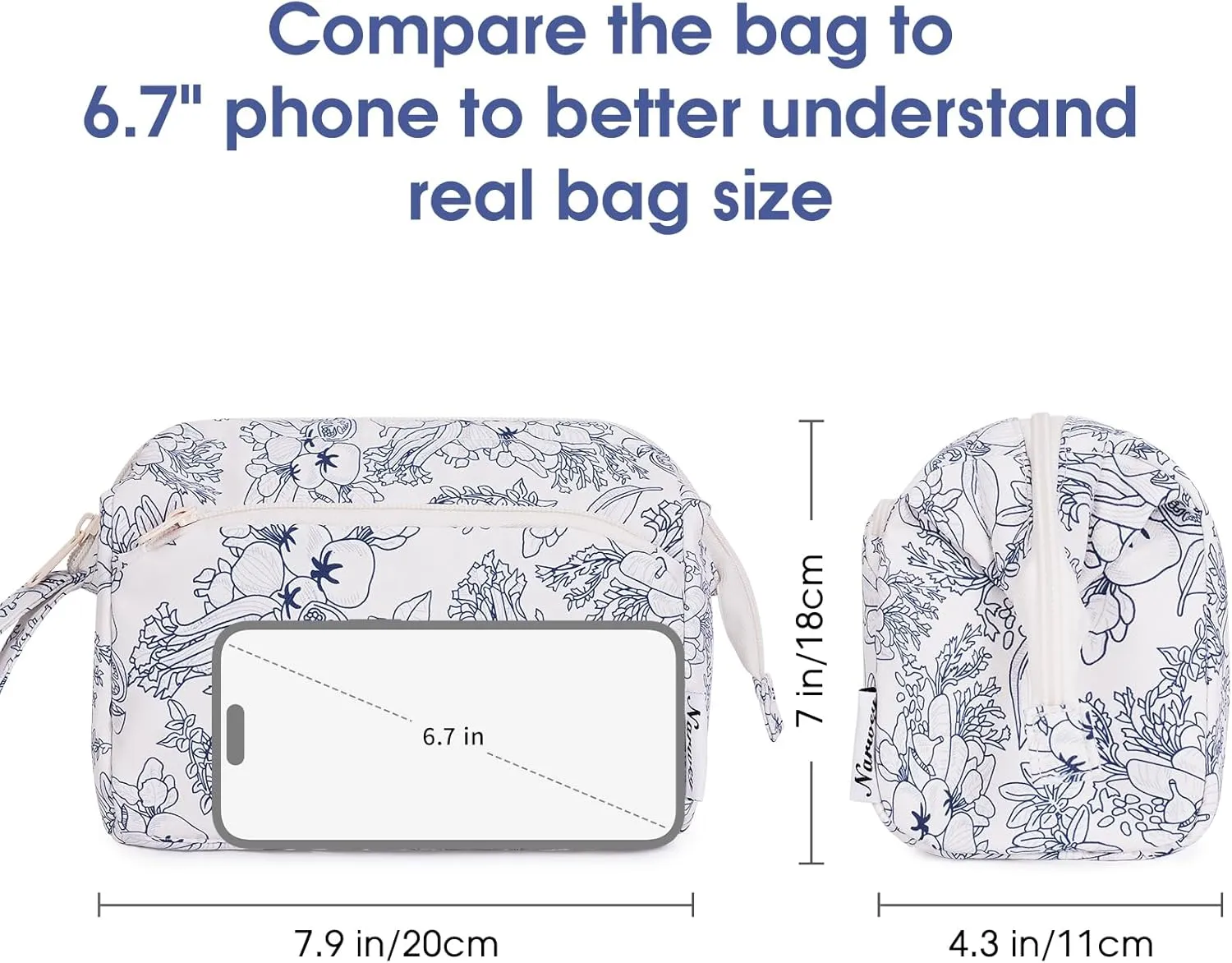 Narwey Women Makeup Bag Wide-open Make up Bag Travel Cosmetic Organizer Toiletry Bag for Cosmetics Toiletries Accessories (Navy Blue Flower)