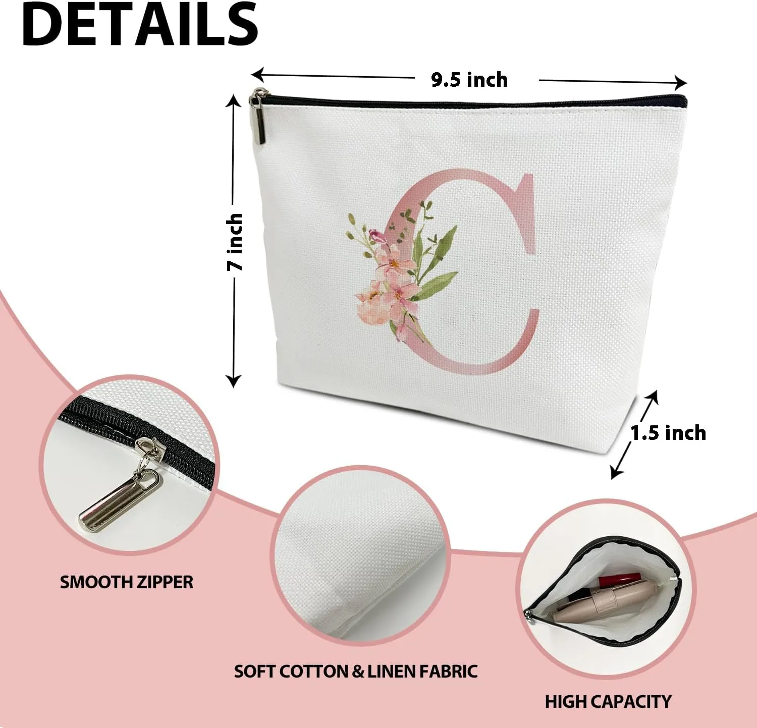 Personalized Initial A-Z Floral Makeup Bag, Gift for Women Sister Mom Friend Daughter, Monogram Travel Organizer Cosmetic Bags with Zipper, Wedding Gift For Bride Bridesmaid Letter Toiletry Bag -C
