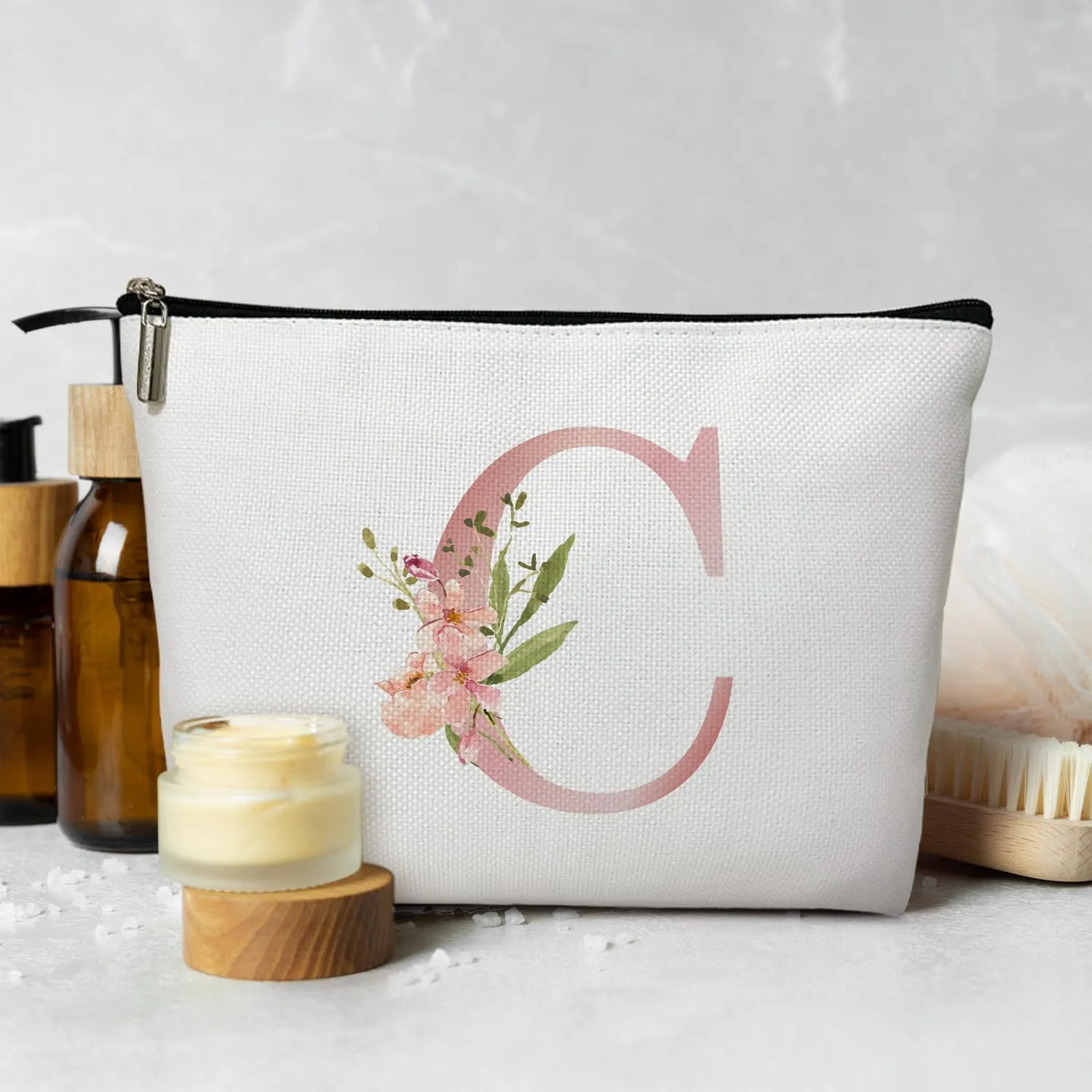 Personalized Initial A-Z Floral Makeup Bag, Gift for Women Sister Mom Friend Daughter, Monogram Travel Organizer Cosmetic Bags with Zipper, Wedding Gift For Bride Bridesmaid Letter Toiletry Bag -C