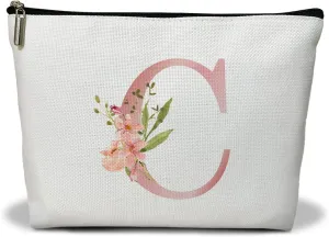 Personalized Initial A-Z Floral Makeup Bag, Gift for Women Sister Mom Friend Daughter, Monogram Travel Organizer Cosmetic Bags with Zipper, Wedding Gift For Bride Bridesmaid Letter Toiletry Bag -C