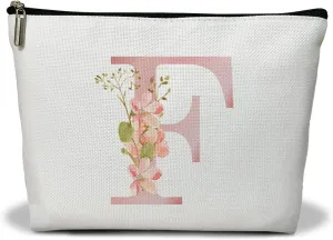 Personalized Initial A-Z Floral Makeup Bag, Gift for Women Sister Mom Friend Daughter, Monogram Travel Organizer Cosmetic Bags with Zipper, Wedding Gift For Bride Bridesmaid Letter Toiletry Bag -F
