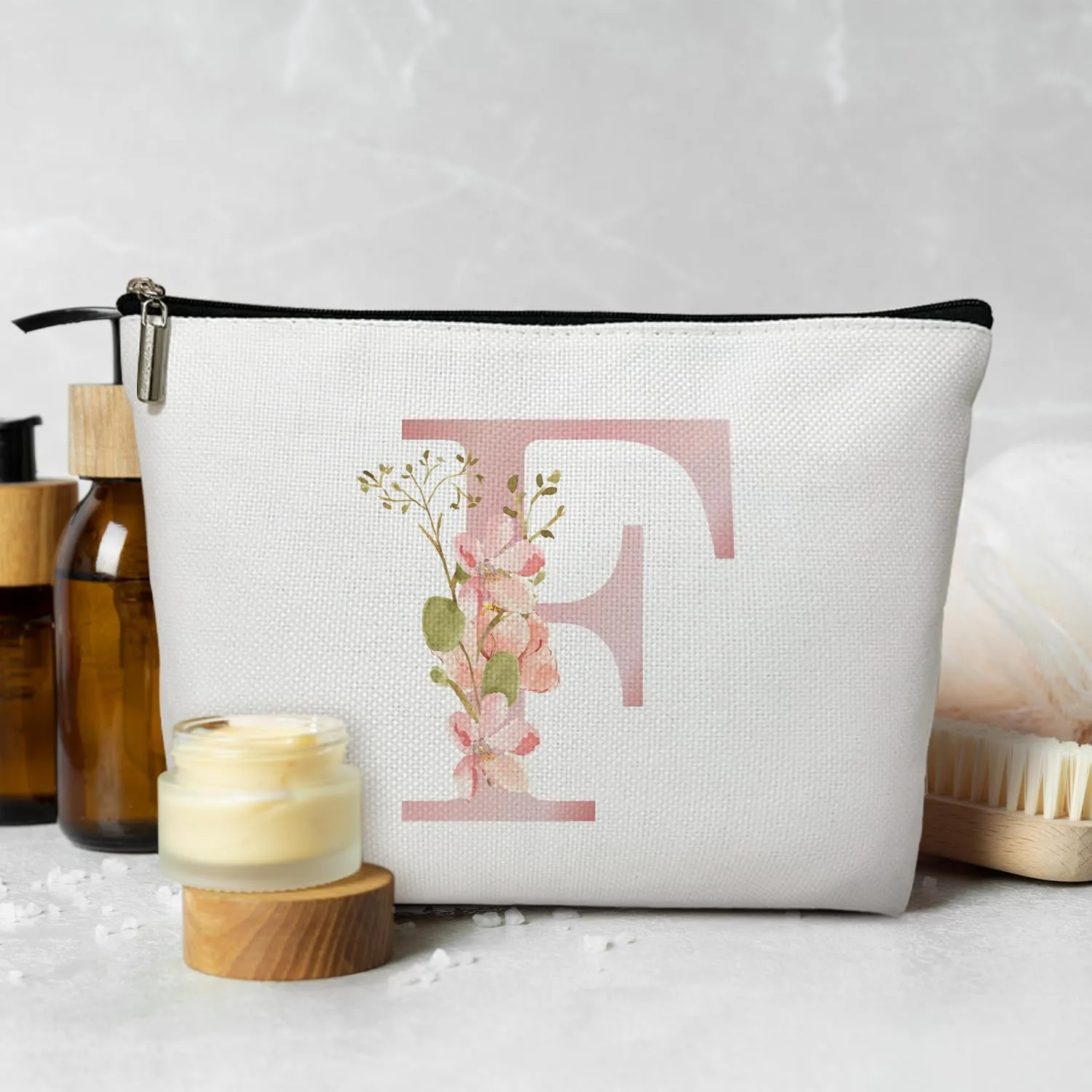 Personalized Initial A-Z Floral Makeup Bag, Gift for Women Sister Mom Friend Daughter, Monogram Travel Organizer Cosmetic Bags with Zipper, Wedding Gift For Bride Bridesmaid Letter Toiletry Bag -F