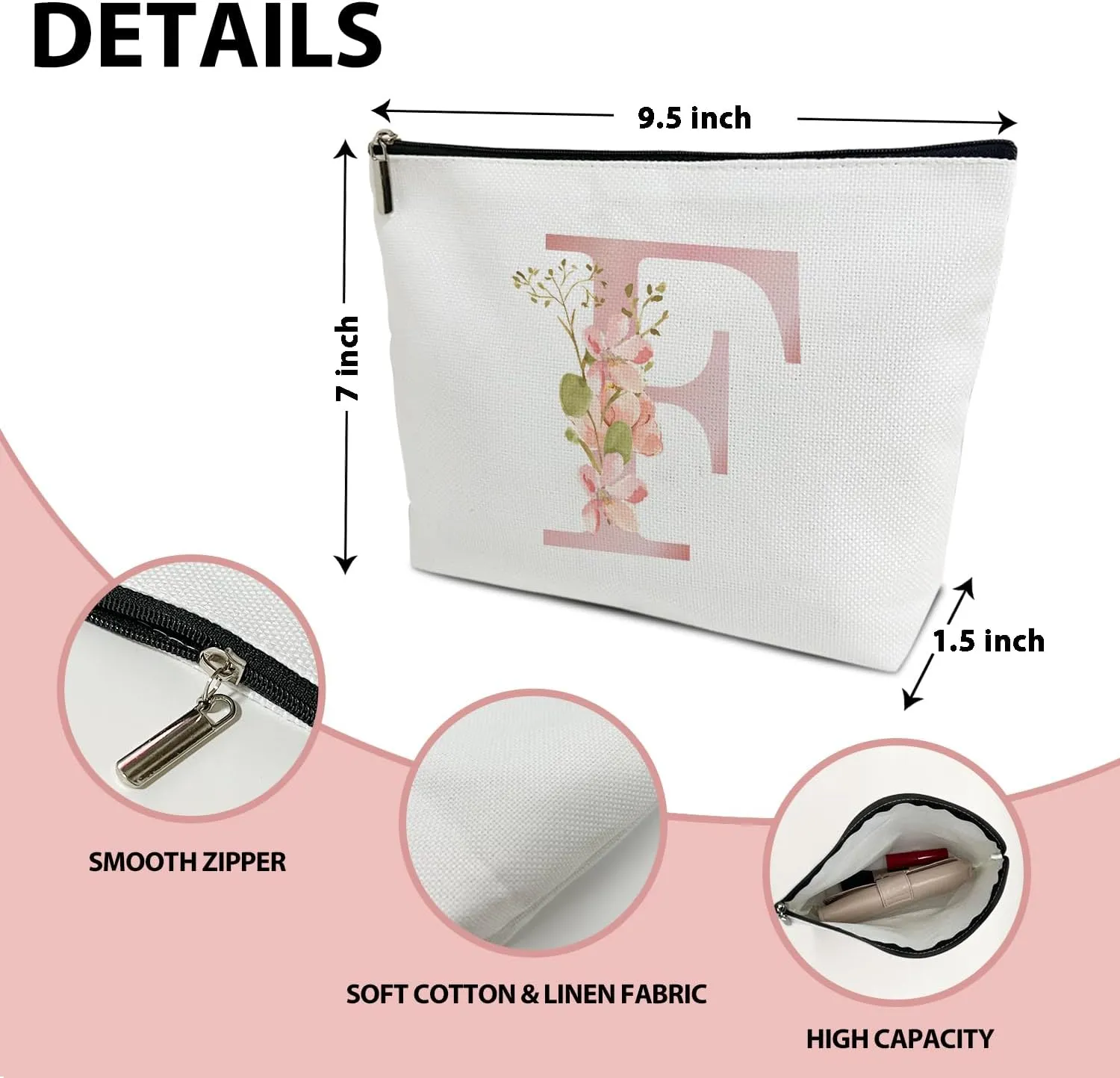 Personalized Initial A-Z Floral Makeup Bag, Gift for Women Sister Mom Friend Daughter, Monogram Travel Organizer Cosmetic Bags with Zipper, Wedding Gift For Bride Bridesmaid Letter Toiletry Bag -F