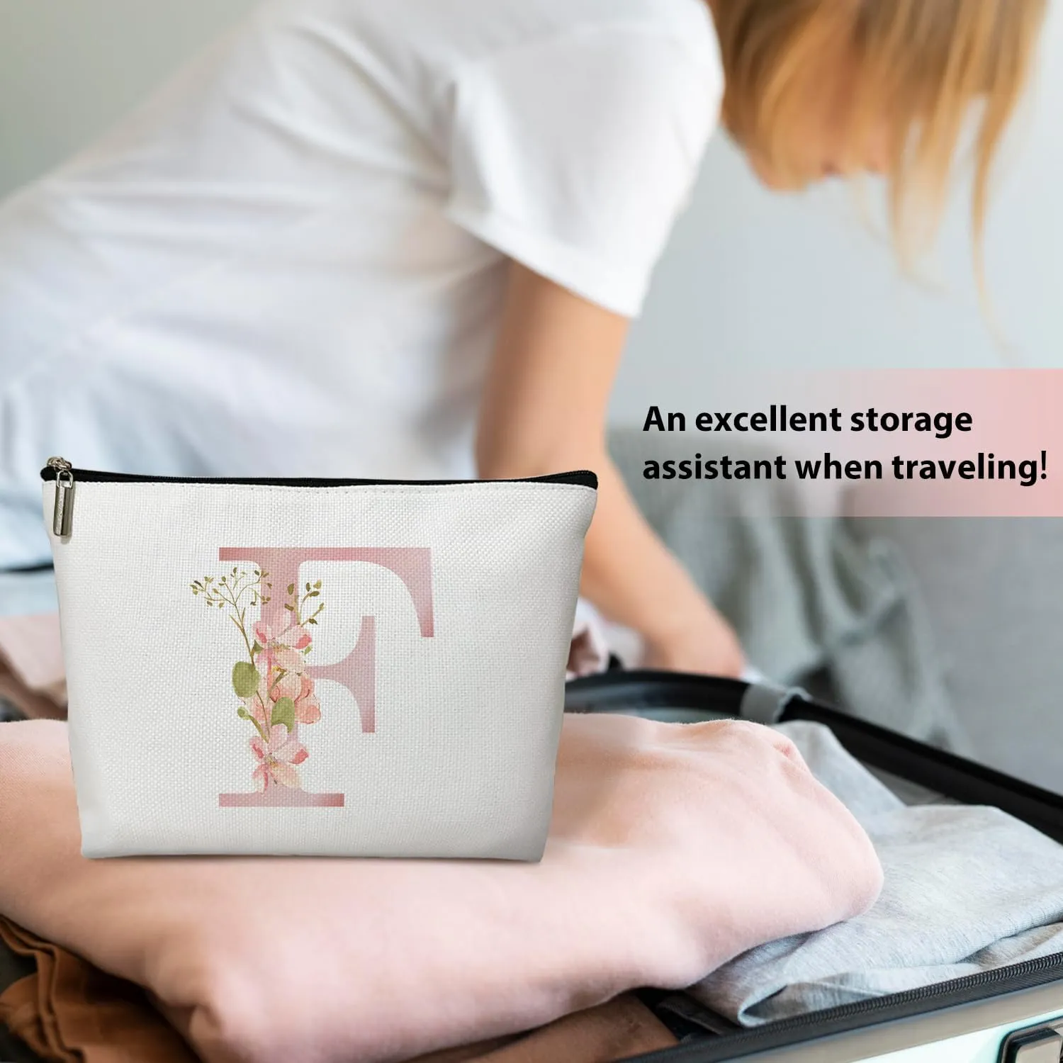 Personalized Initial A-Z Floral Makeup Bag, Gift for Women Sister Mom Friend Daughter, Monogram Travel Organizer Cosmetic Bags with Zipper, Wedding Gift For Bride Bridesmaid Letter Toiletry Bag -F