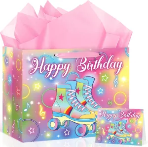 Roller Skating Birthday Decorations Neon Rainbow Roller Skates Birthday Gift Bag with Wrapping Paper and Card Large Colorful Rollerskate Party Wrapping Paper Bag Skating Party Supplies for Girl Boy