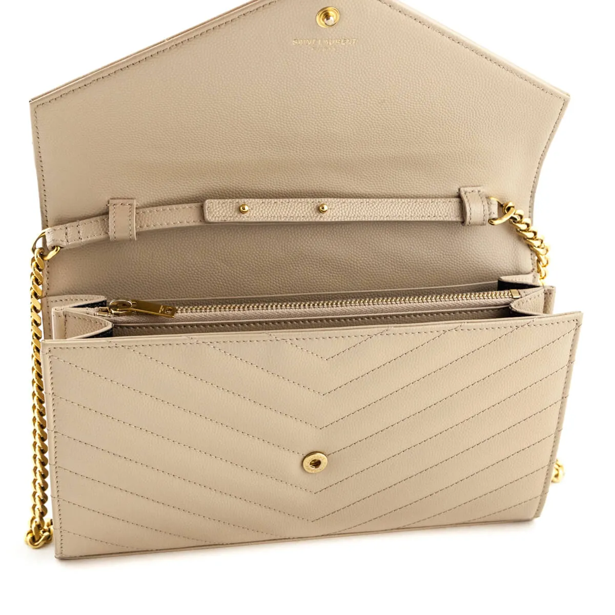 Saint Laurent Beige Grain De Poudre Matelasse Chevron Monogram Chain Wallet