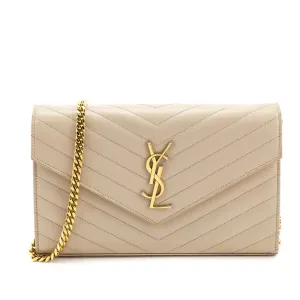 Saint Laurent Beige Grain De Poudre Matelasse Chevron Monogram Chain Wallet