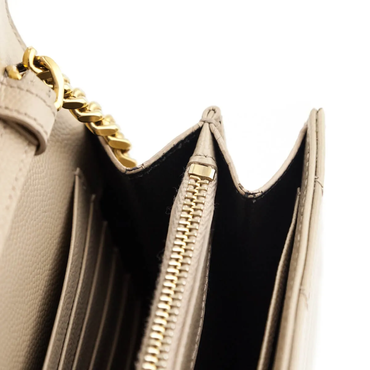 Saint Laurent Beige Grain De Poudre Matelasse Chevron Monogram Chain Wallet