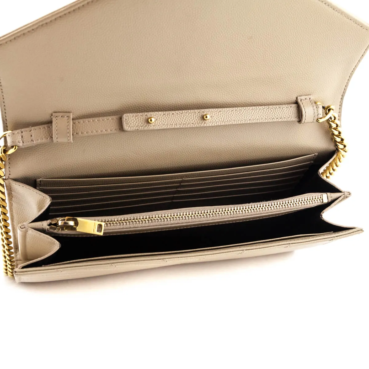 Saint Laurent Beige Grain De Poudre Matelasse Chevron Monogram Chain Wallet