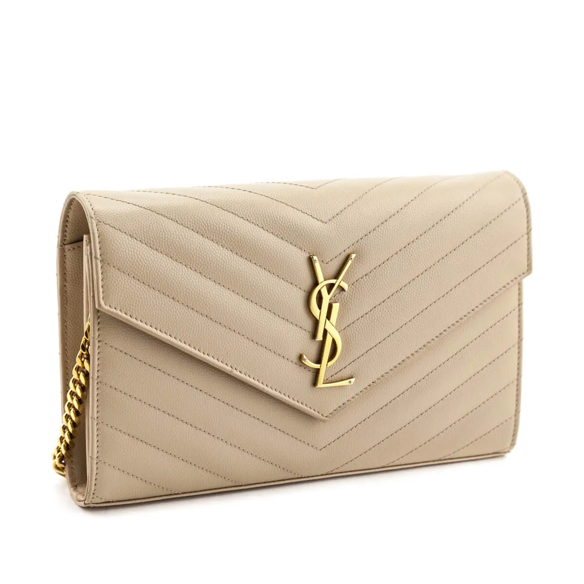 Saint Laurent Beige Grain De Poudre Matelasse Chevron Monogram Chain Wallet