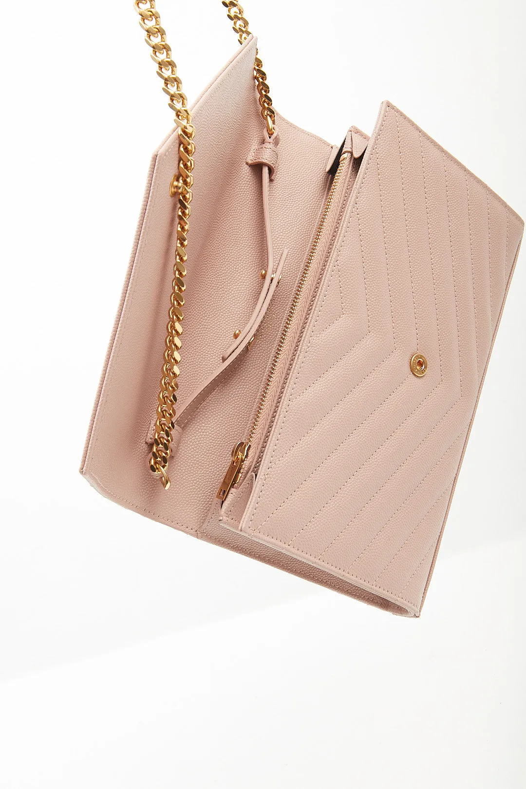 Saint Laurent Dusty Pink YSL Grain De Poudre Matelasse Chevron Monogram Envelope Wallet-on-Chain