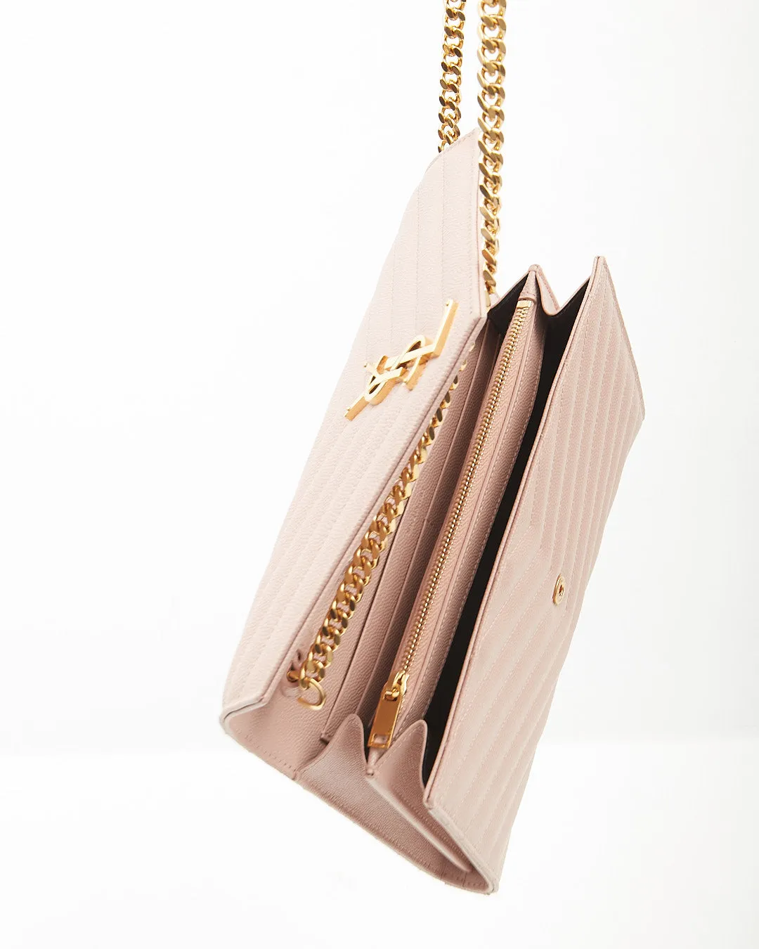 Saint Laurent Dusty Pink YSL Grain De Poudre Matelasse Chevron Monogram Envelope Wallet-on-Chain