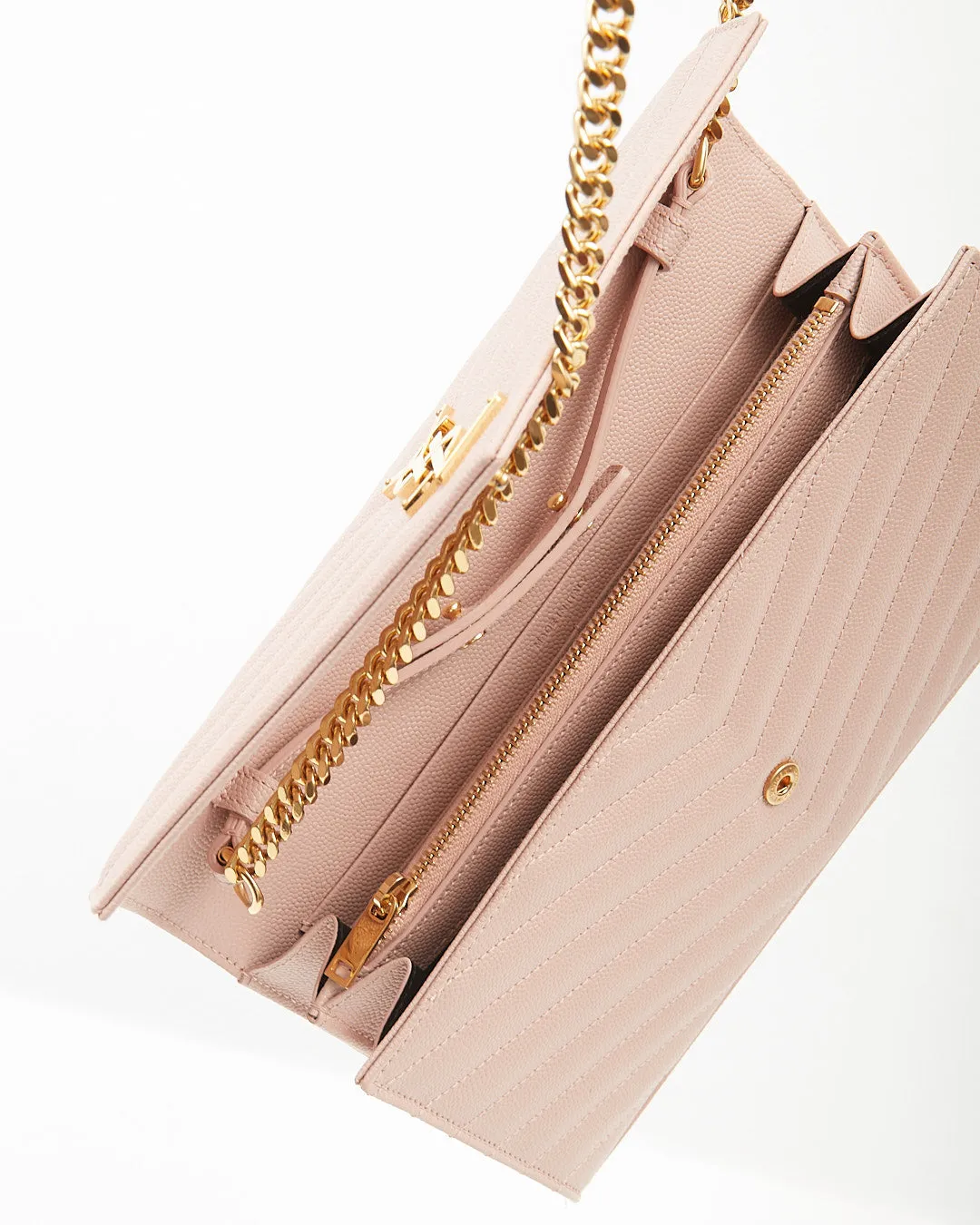Saint Laurent Dusty Pink YSL Grain De Poudre Matelasse Chevron Monogram Envelope Wallet-on-Chain