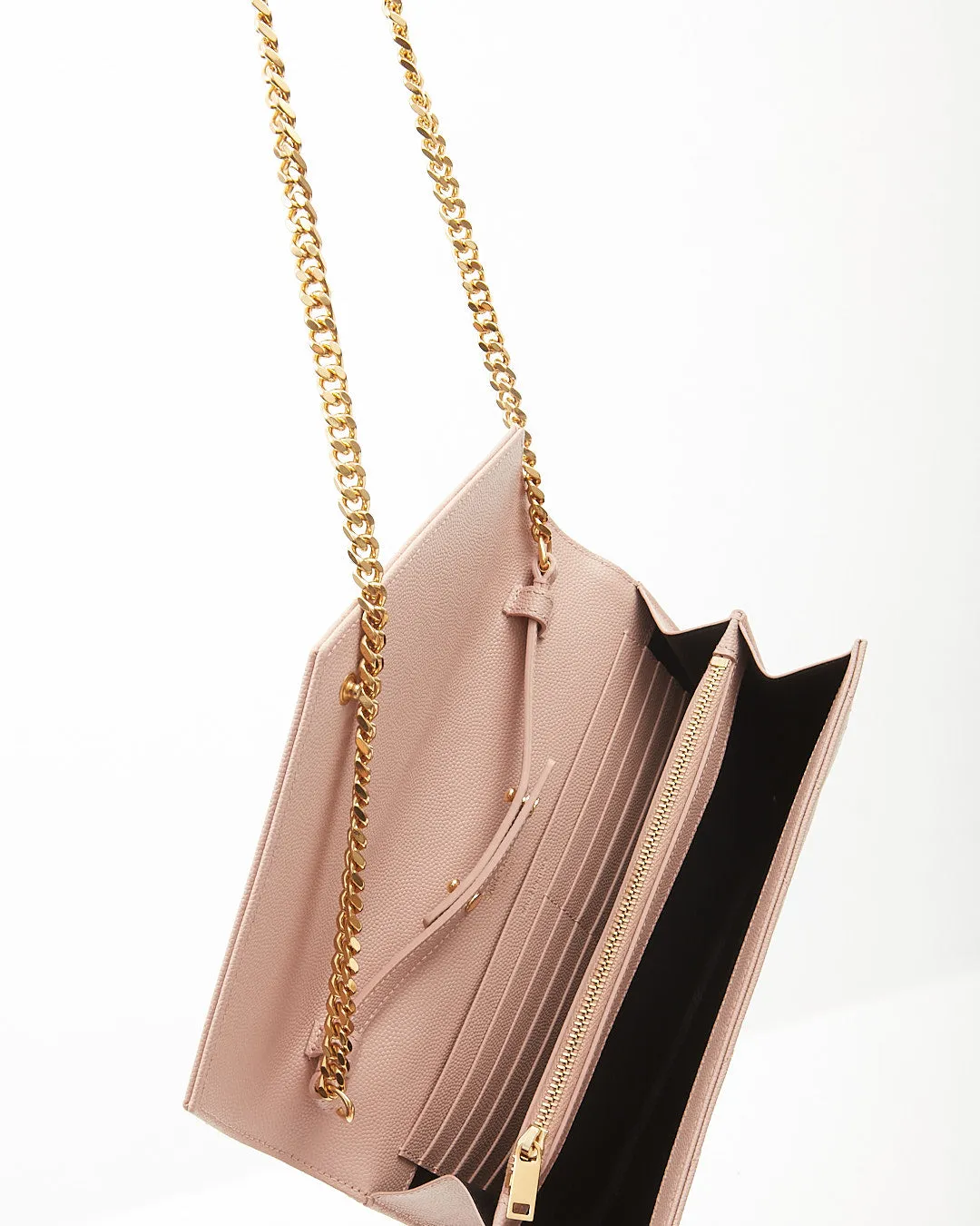 Saint Laurent Dusty Pink YSL Grain De Poudre Matelasse Chevron Monogram Envelope Wallet-on-Chain