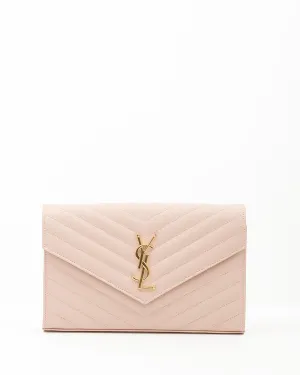 Saint Laurent Dusty Pink YSL Grain De Poudre Matelasse Chevron Monogram Envelope Wallet-on-Chain