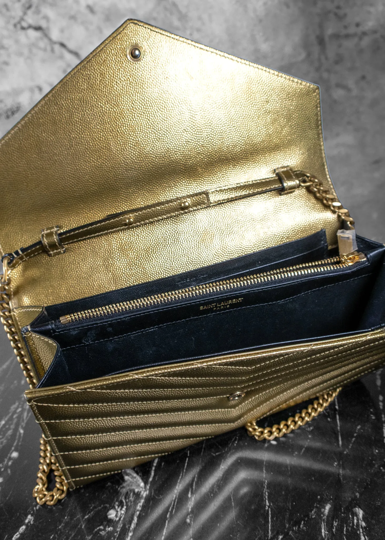Saint Laurent Metallic Calfskin Matelasse Chevron Monogram Envelope Chain Wallet