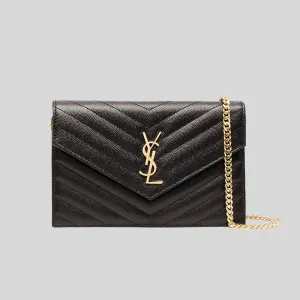 SAINT LAURENT YSL Matelasse Envelope Chain Wallet In Grain De Poudre Embossed Leather Black 742920BOW01