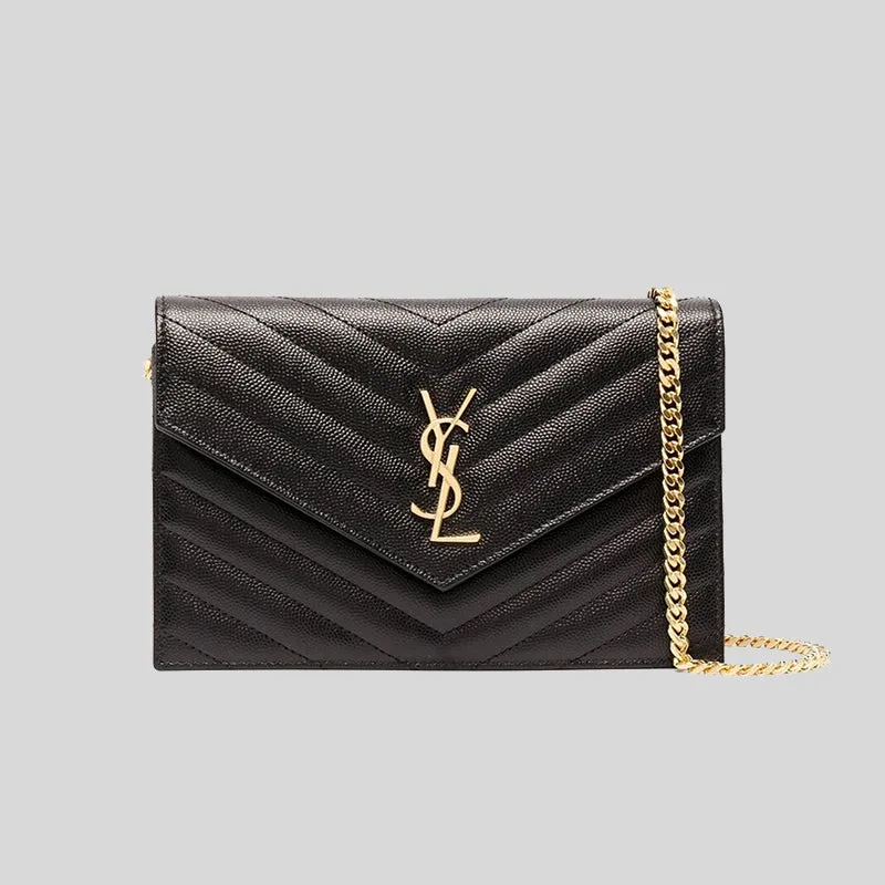 SAINT LAURENT YSL Matelasse Envelope Chain Wallet In Grain De Poudre Embossed Leather Black 742920BOW01