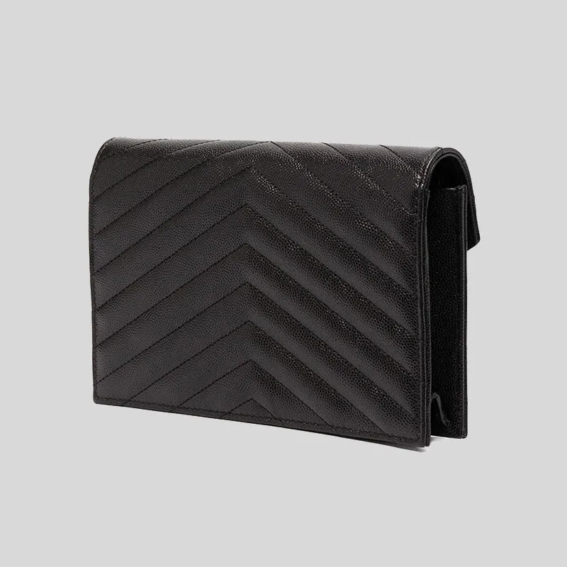 SAINT LAURENT YSL Matelasse Envelope Chain Wallet In Grain De Poudre Embossed Leather Black 742920BOW01
