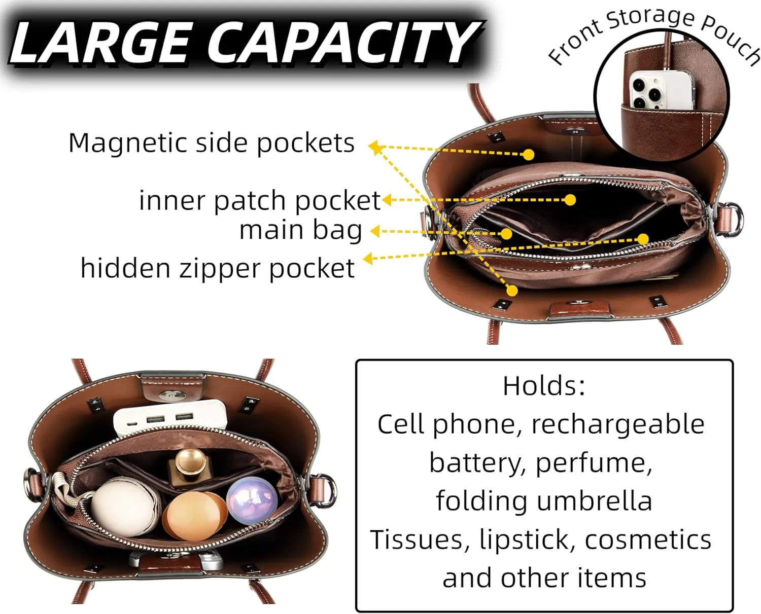 Shoulder Handbag Leather Bucket Bags For Women Vintage Tote Purses WIth ZIpper And Magnetic Closure