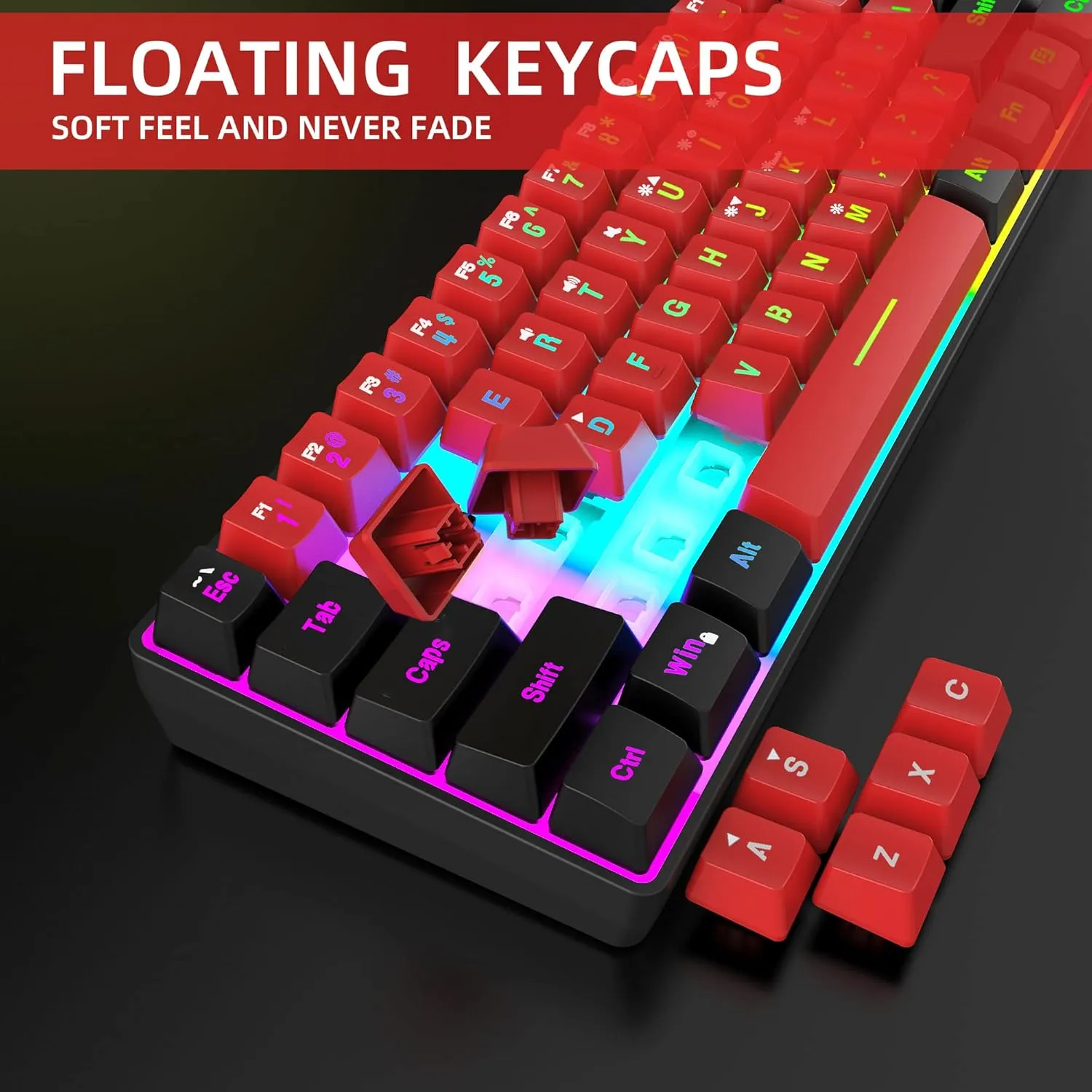 Snpurdiri 60% Wired Gaming Keyboard,True RGB Small Compact 61 Keys Mini Keyboard for PC/Mac Gamer, Typist, Travel, Easy to Carry on Business Trip(Black-Red)