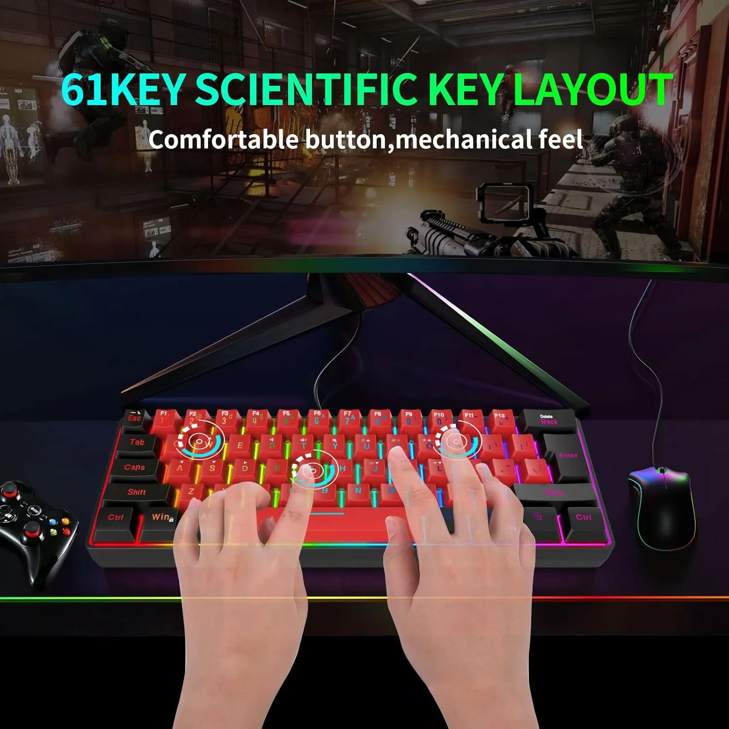 Snpurdiri 60% Wired Gaming Keyboard,True RGB Small Compact 61 Keys Mini Keyboard for PC/Mac Gamer, Typist, Travel, Easy to Carry on Business Trip(Black-Red)