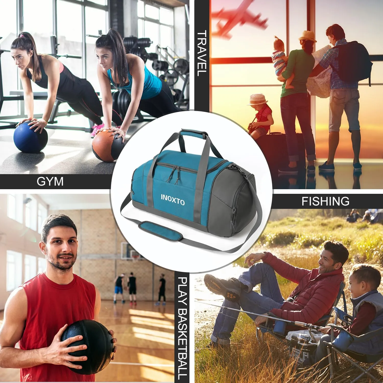 Sports Gym BagINOXTO Travel Duffel Bag with Dry Wet Pocket And Shoe CompartmentFor Women and Men40L/55L Fitness Waterproof Weekender Bag For Swim Sports Travel Working Out (Blue White, 55L)