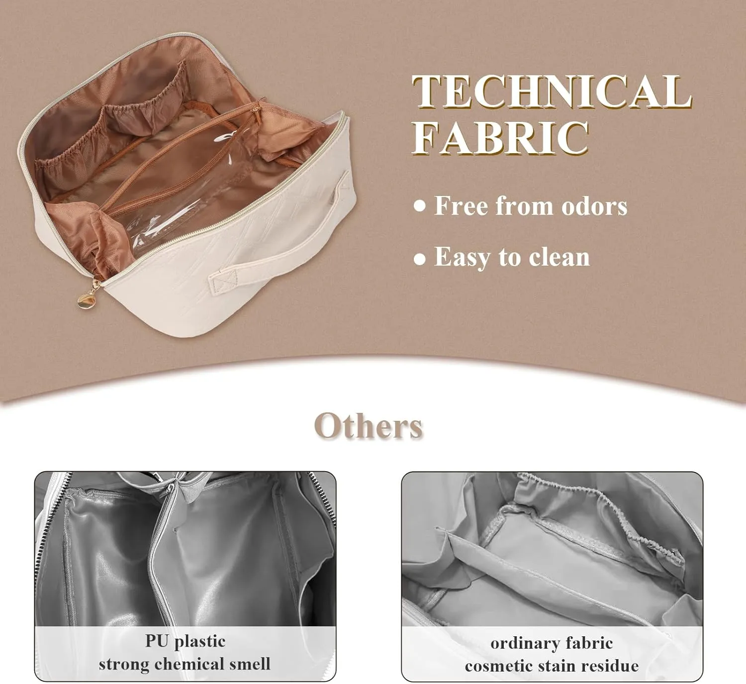 STYLIFING Travel Cosmetic Bag Large Capacity Makeup Bag for Women Portable Makeup Organizer Waterproof Leather Make Up Bag with Compartments and Handle (Beige)