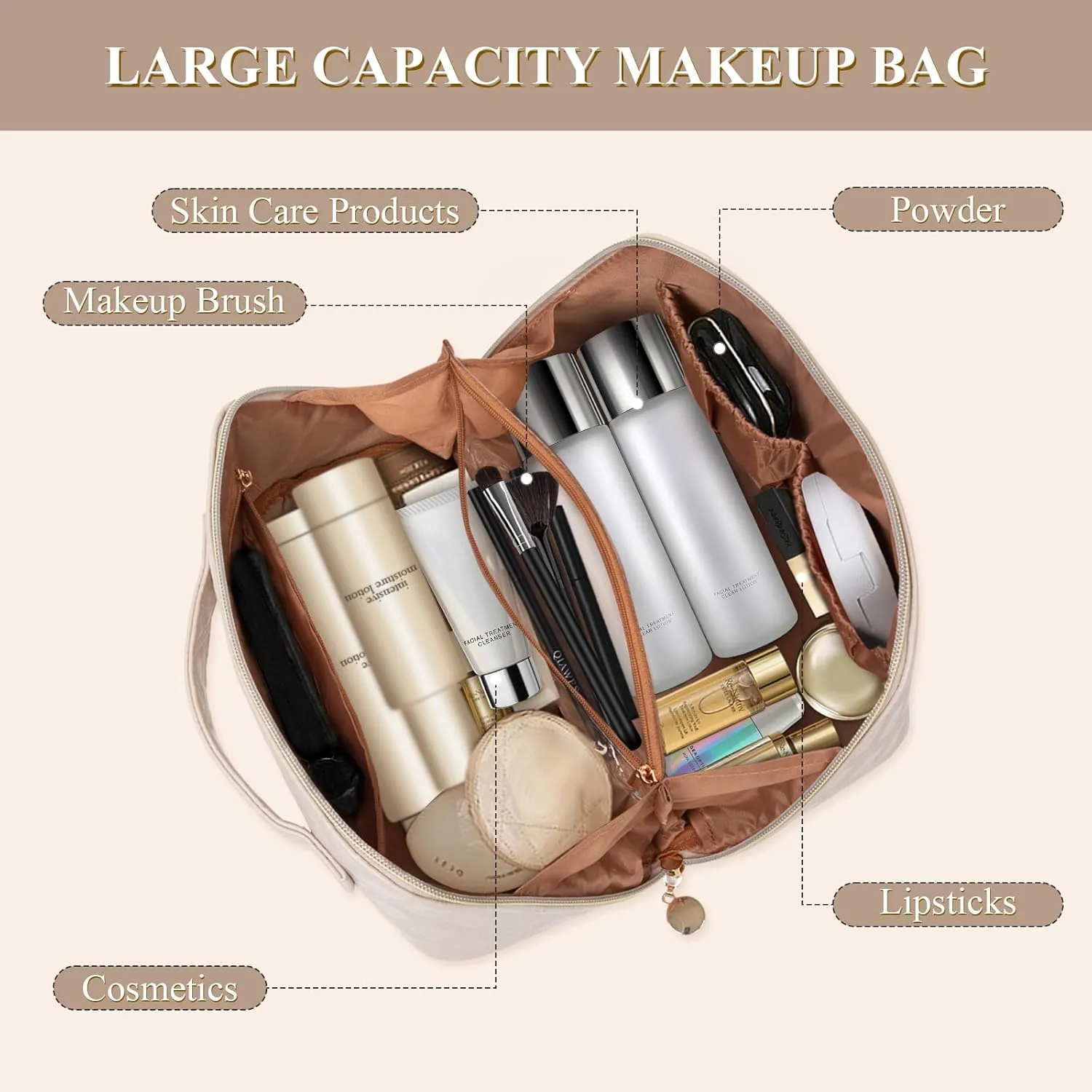 STYLIFING Travel Cosmetic Bag Large Capacity Makeup Bag for Women Portable Makeup Organizer Waterproof Leather Make Up Bag with Compartments and Handle (Beige)