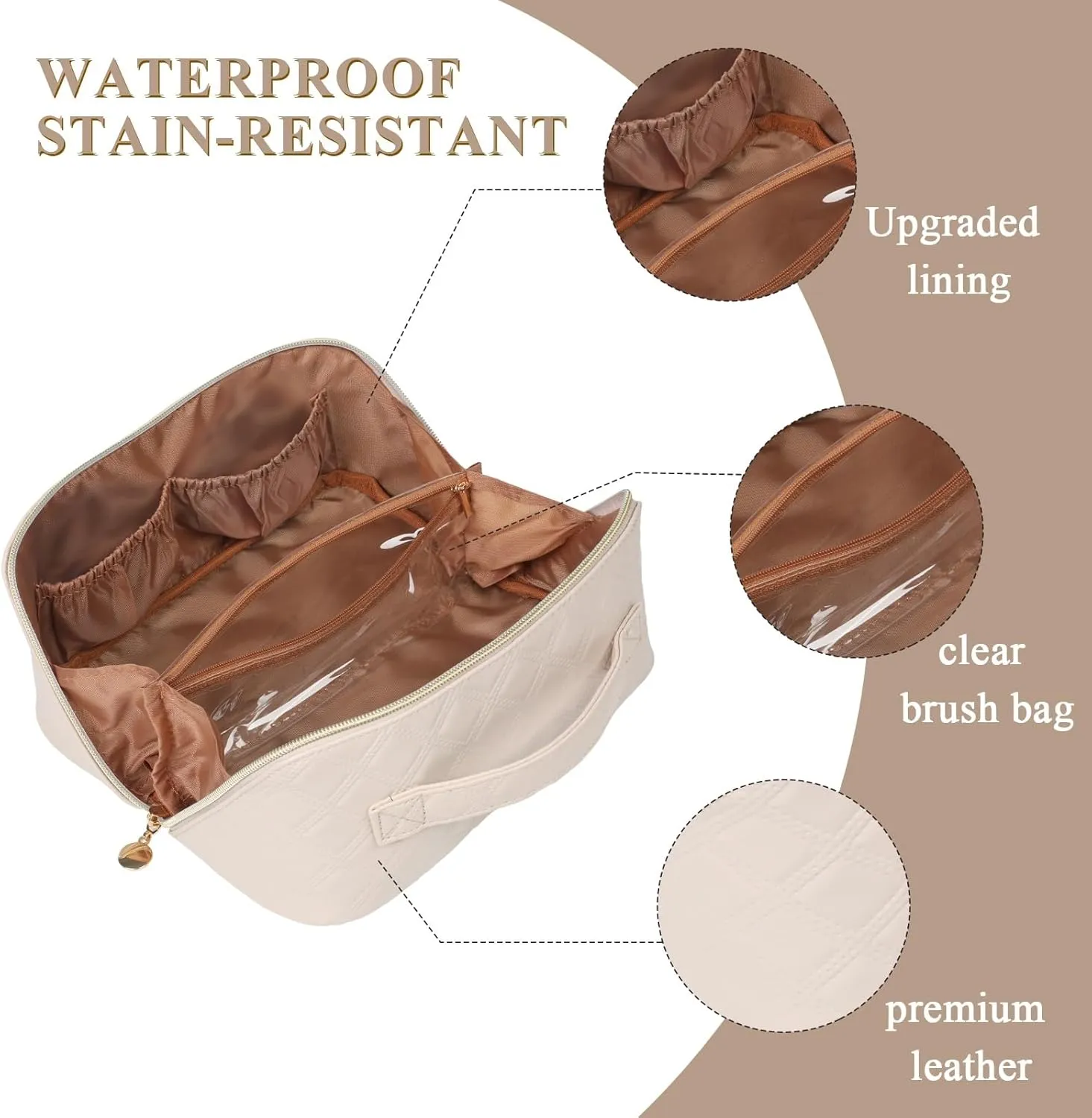 STYLIFING Travel Cosmetic Bag Large Capacity Makeup Bag for Women Portable Makeup Organizer Waterproof Leather Make Up Bag with Compartments and Handle (Beige)