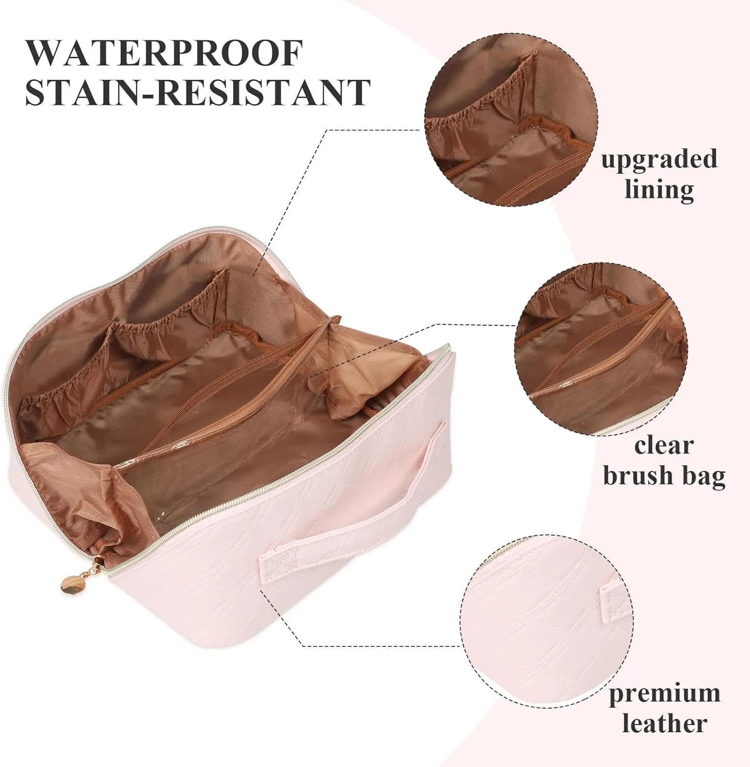 STYLIFING Travel Cosmetic Bag Large Capacity Makeup Bag for Women Portable Makeup Organizer Waterproof Leather Make Up Bag with Compartments and Handle (Pink)