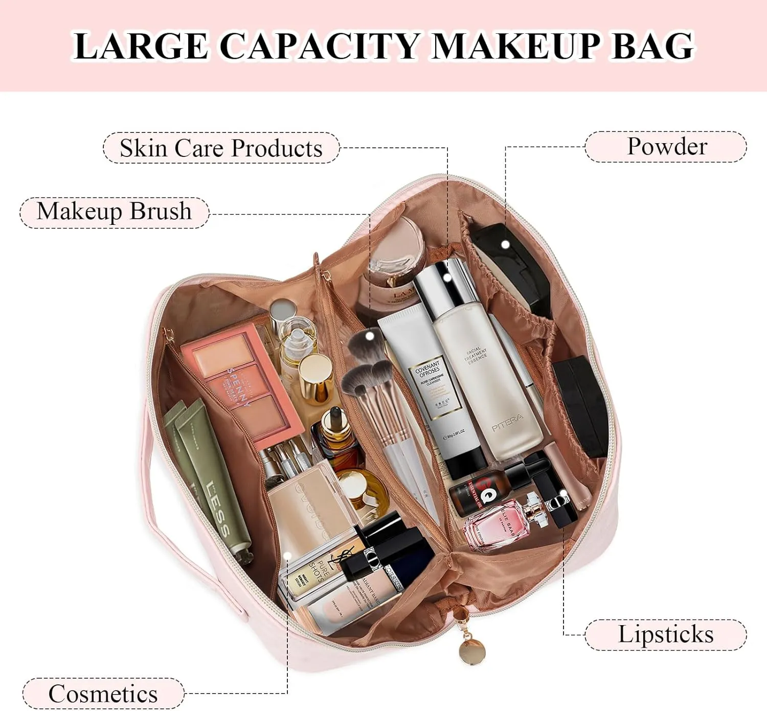 STYLIFING Travel Cosmetic Bag Large Capacity Makeup Bag for Women Portable Makeup Organizer Waterproof Leather Make Up Bag with Compartments and Handle (Pink)