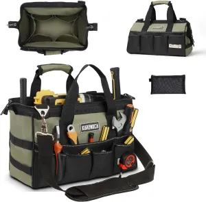 Tool Bag 15-Inch Large Tool Organizer Box 16-Pocket Portable Tote Waterproof Toolbag, Soft Padded Handle, Heavy Duty Zipper, Adjustable Shoulder Strap, with Black Small Tool Bag