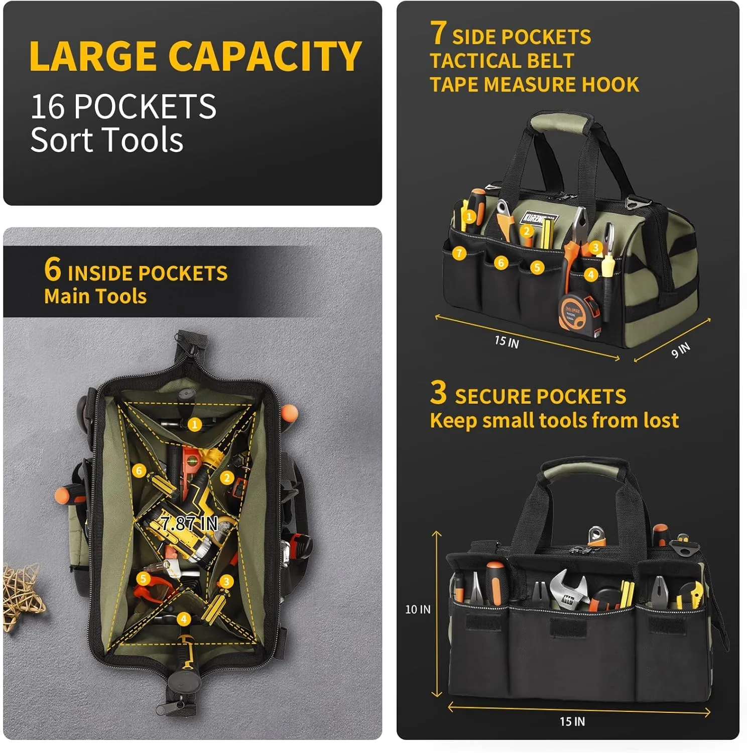 Tool Bag 15-Inch Large Tool Organizer Box 16-Pocket Portable Tote Waterproof Toolbag, Soft Padded Handle, Heavy Duty Zipper, Adjustable Shoulder Strap, with Black Small Tool Bag
