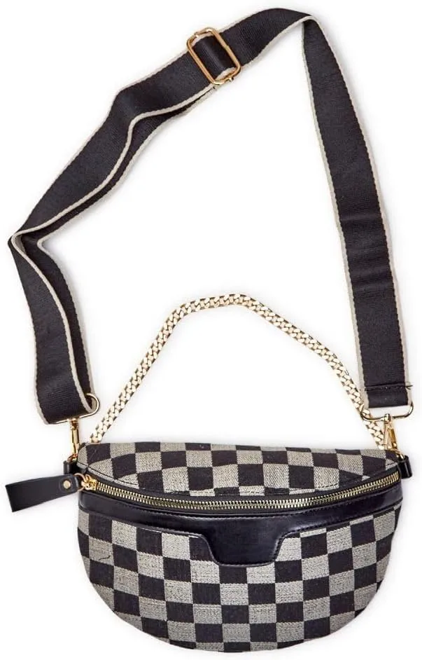 Two's Company Reality Check Crossbody Sling Bag in Checkered Print Fabric with Adjustable and Removeable Straps