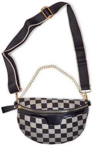 Two's Company Reality Check Crossbody Sling Bag in Checkered Print Fabric with Adjustable and Removeable Straps