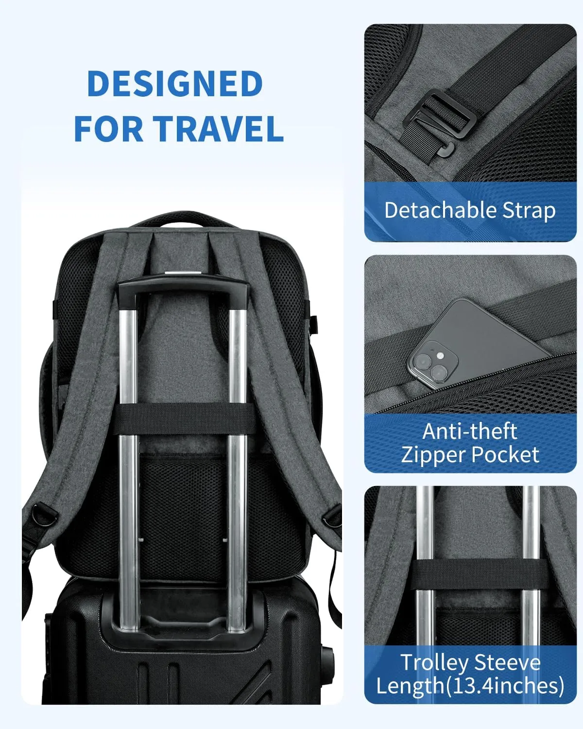 WANDF Travel Backpack For Spirit Airlines Personal Item Bag 18x14x8 with Wet Pocket, 17 Inch Laptop Backpack for Men WomenGrey