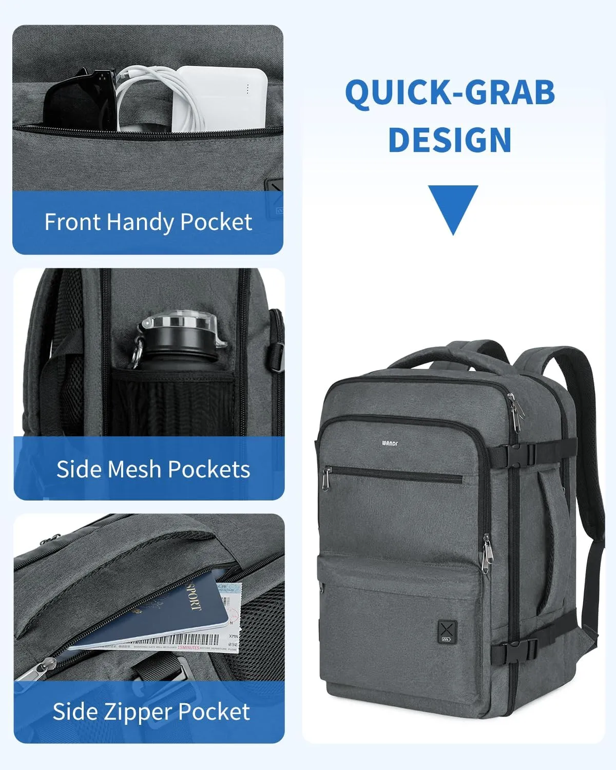 WANDF Travel Backpack For Spirit Airlines Personal Item Bag 18x14x8 with Wet Pocket, 17 Inch Laptop Backpack for Men WomenGrey