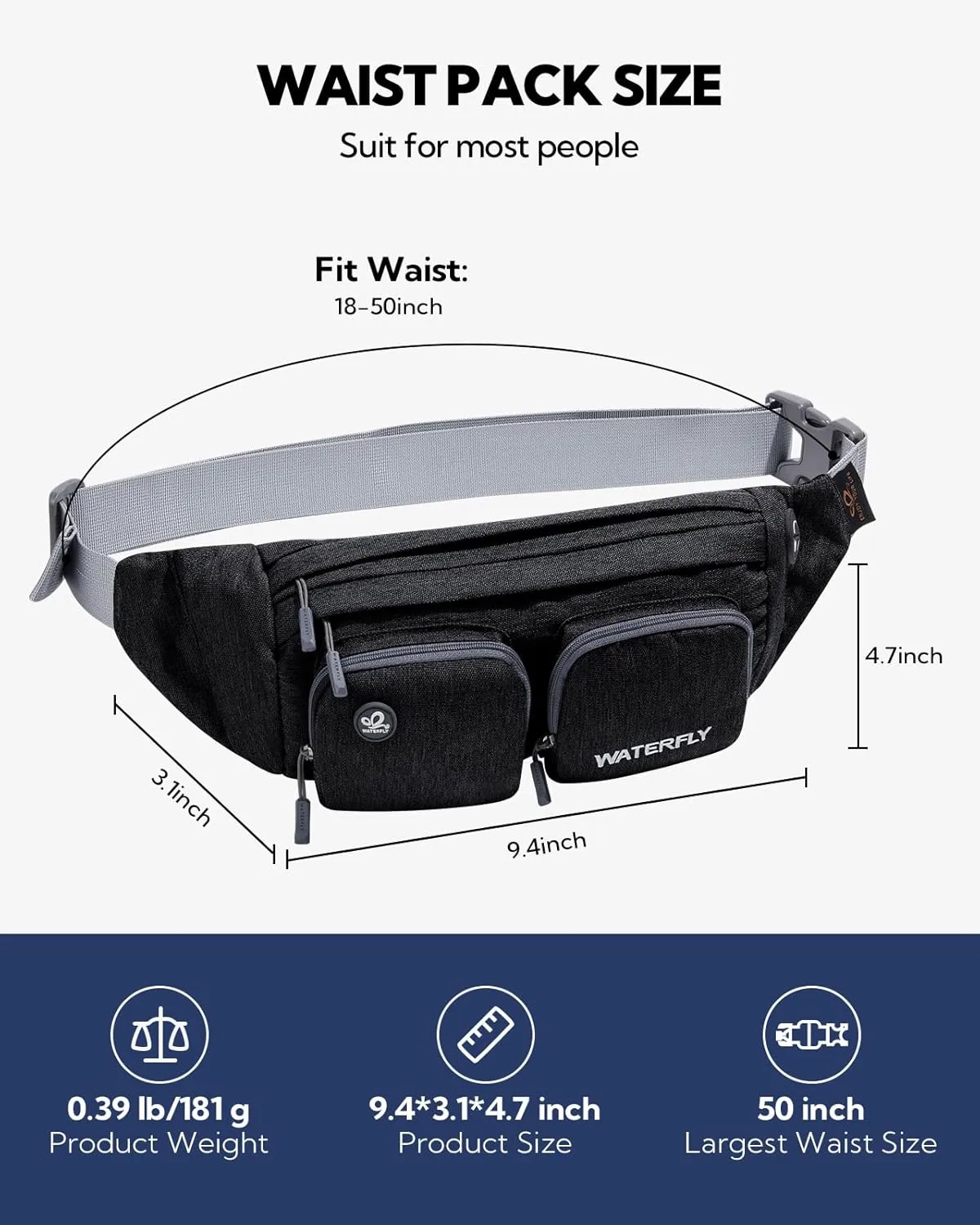 WATERFLY Fanny Pack Waist Bag: Travel Hip Pouch Bum Bag Plus Size Crossbody Fannie Pack Adjustable Belt Waistpack Phanny Fannypack for Man Woman Hiking Walking Jogging
