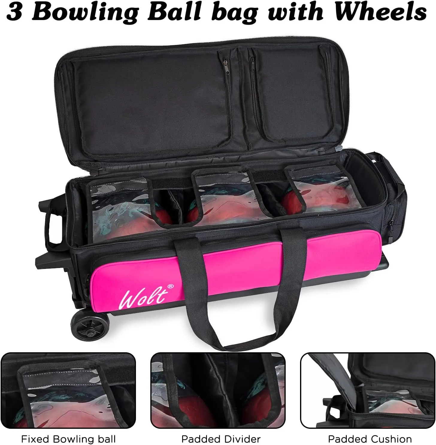 WOLT 3 Ball Bowling Bags with Wheels,Bowling Ball Bag 3 Ball Roller with Separate Shoe Compartment and Accessory Pocket, Retractable Handle Extends to 38